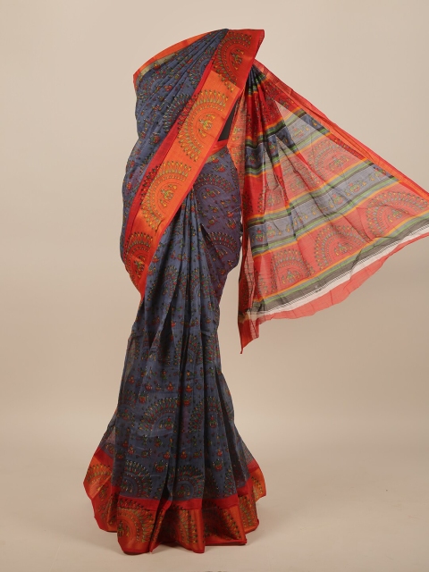 Pothys Blue & Orange Warli Printed Saree