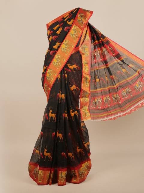 Pothys Black & Orange Ethnic Motifs Printed Saree