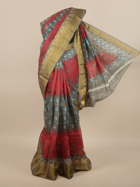 Pothys Grey & Red Zari Abstract Printed Saree
