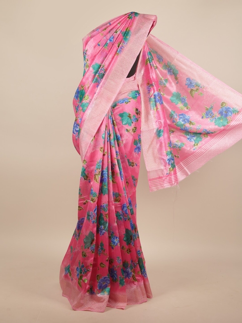 Pothys Pink & Blue Floral Printed Zari Saree