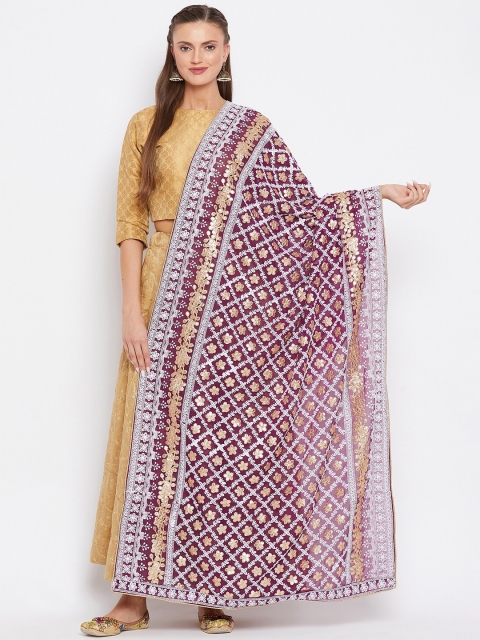 Clora Creation Burgundy & Gold-Toned Embroidered Dupatta with Gotta Patti
