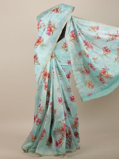 Pothys Women Blue Jute Silk Floral Printed Saree