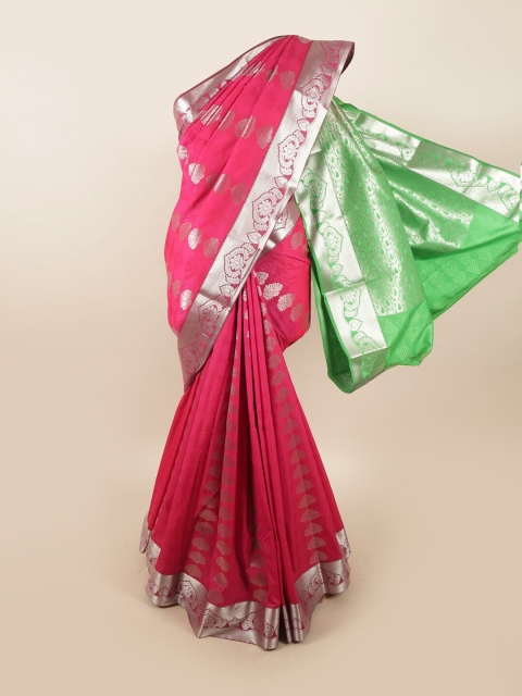 Pothys Women Pink & Green Ethnic Motifs Woven Designed Saree