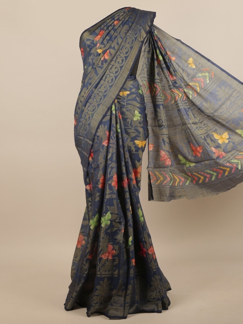 Pothys Navy Blue & Gold-Toned Floral Printed Zari Saree