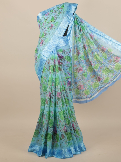 Pothys Blue & Green Floral Printed Saree
