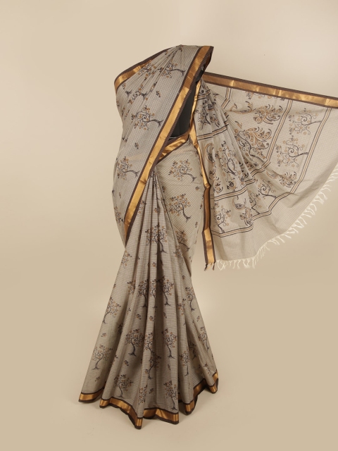 Pothys Grey & Black Floral Pure Cotton Saree