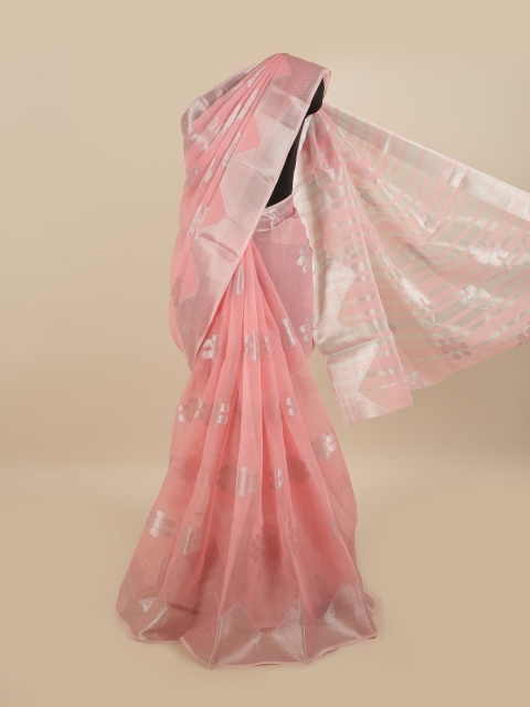 Pothys Pink & Silver-Toned Floral Zari Saree