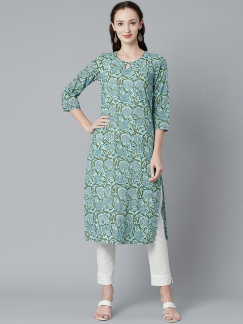 PIROH Women Blue & Green Floral Printed Keyhole Neck Floral Kurta