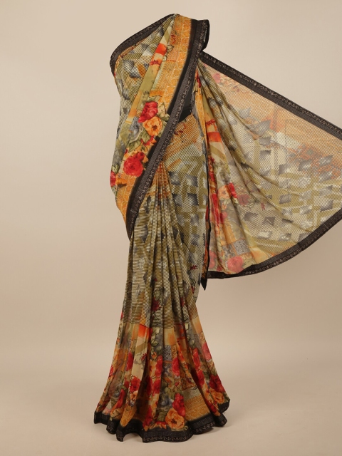 Pothys Cream-Coloured & Green Floral Printed Saree
