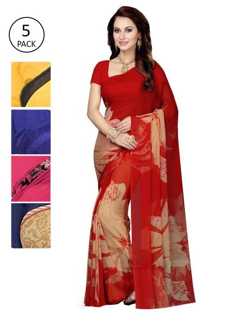 Ishin Pack of 5 Blue & Red Floral Printed Sarees