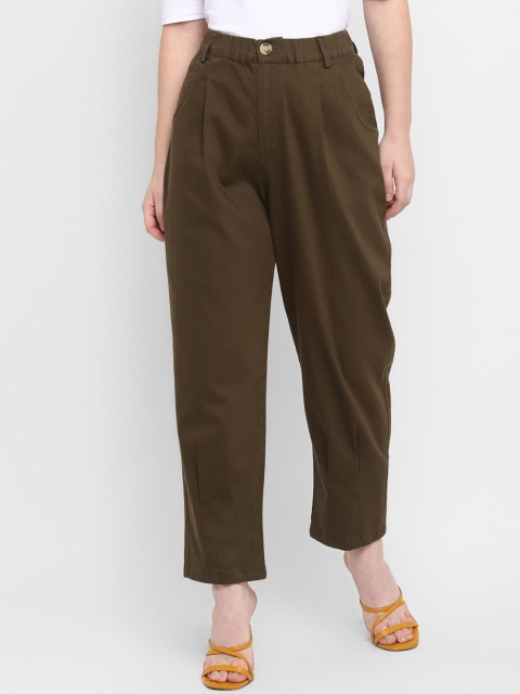 FOSH Women Khaki High-Rise Pleated Trousers