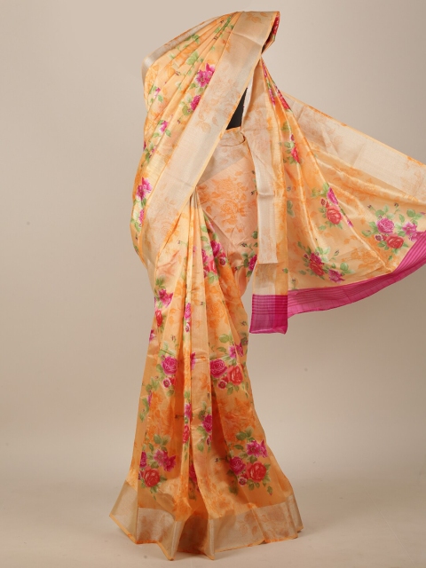 Pothys Peach-Coloured & Pink Floral Saree