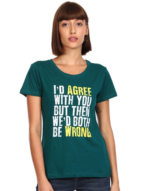 Sugr Women Teal & White Typography Printed Cotton T-shirt