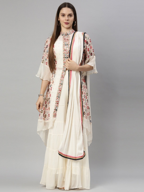 Neerus Women Cream-Coloured & Pink Embellished Layered Kurta & Sharara