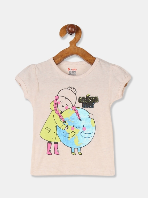 Donuts Girls Beige Typography Printed Extended Sleeves T-shirt