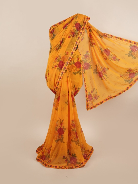 Pothys Yellow & Red Floral Beads and Stones Saree