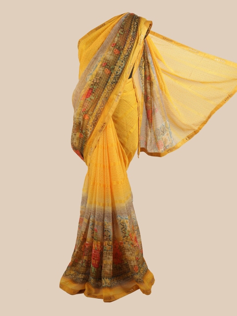 Pothys Yellow & Red Floral Beads and Stones Saree