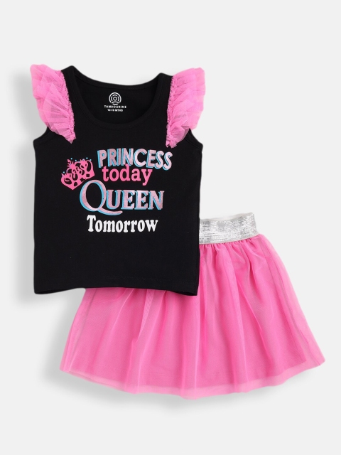 TAMBOURINE Girls Black & Pink Printed Pure Cotton Top with Skirt