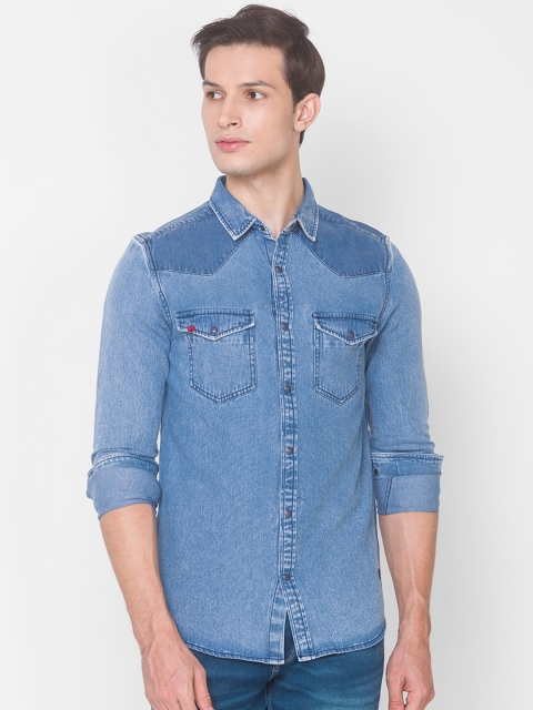 SPYKAR Men Blue Slim Fit Opaque Pure Cotton Casual Shirt