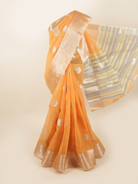 Pothys Orange & Gold-Toned Ethnic Motifs Chanderi Cotton Zari Saree