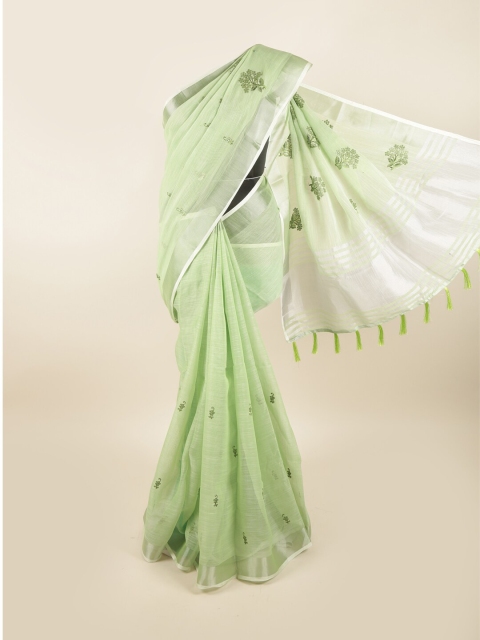 Pothys Green & Silver-Toned Floral Embroidered Saree