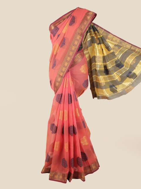 Pothys Peach-Coloured & Mustard Yellow Ethnic Motifs Zari Woven Design Saree