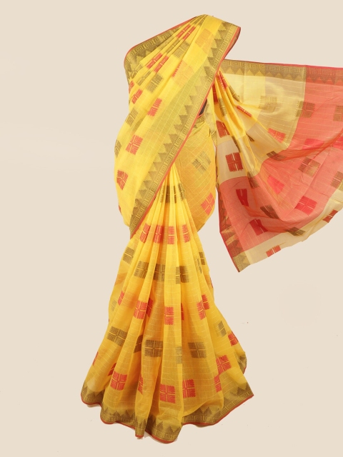 Pothys Yellow & Pink Ethnic Motifs Chanderi Cotton Saree