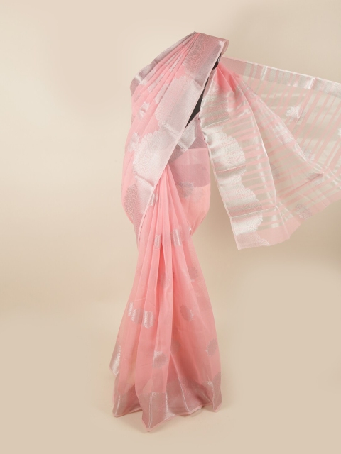Pothys Pink & Silver-Toned Floral Chanderi Cotton Saree