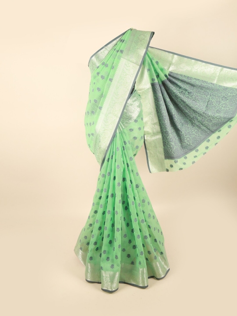 Pothys Green & Gold-Toned Floral Chanderi Cotton Saree