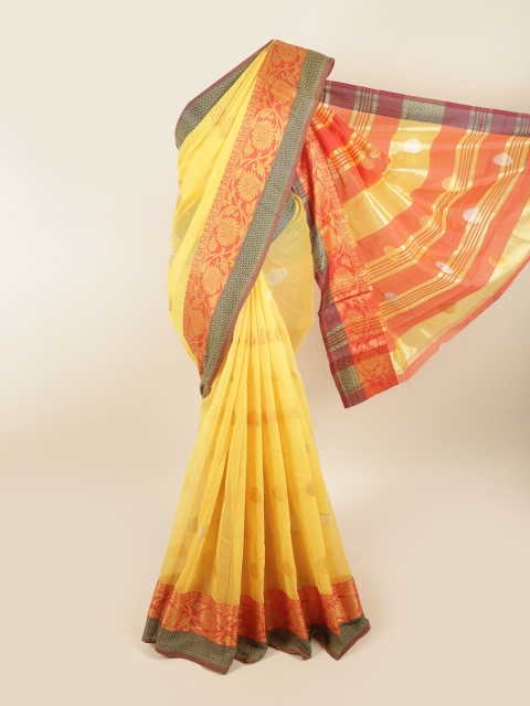 Pothys Yellow & Red Ethnic Motifs Zari Chanderi Cotton Saree