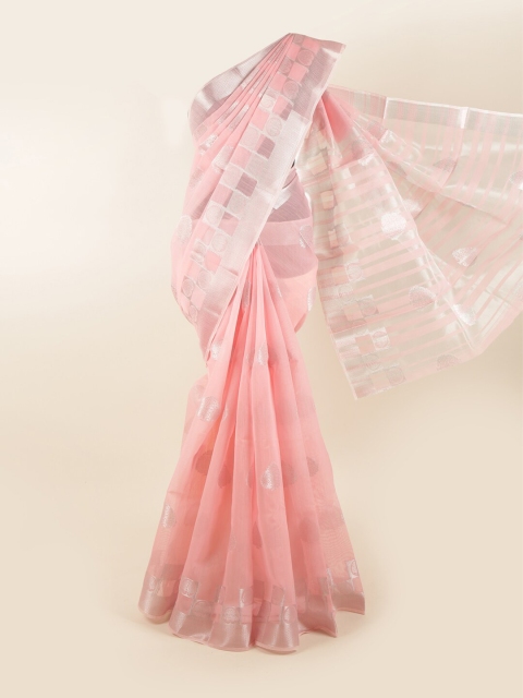 Pothys Pink & Silver-Toned Ethnic Motifs Chanderi Cotton Zari Saree