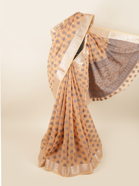Pothys Orange & Silver-Toned Floral Chanderi Cotton Saree