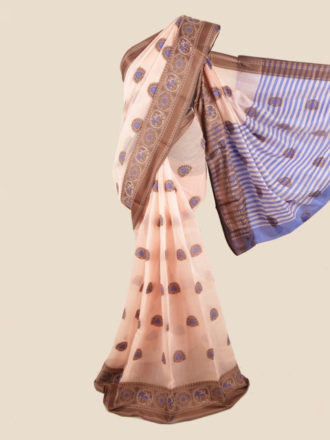 Pothys Peach-Coloured & Brown Ethnic Motifs Chanderi Cotton Saree