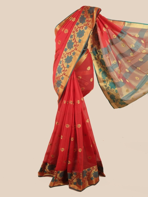 Pothys Red & Gold-Toned Floral Zari Chanderi Cotton Saree