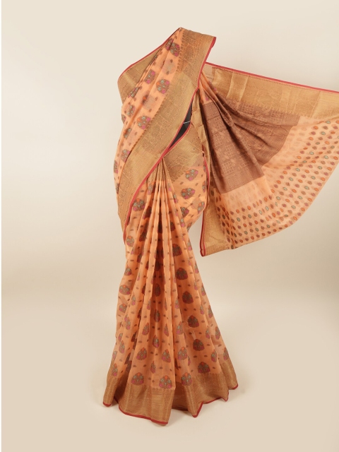 Pothys Peach-Coloured & Gold-Toned Floral Chanderi Cotton Saree