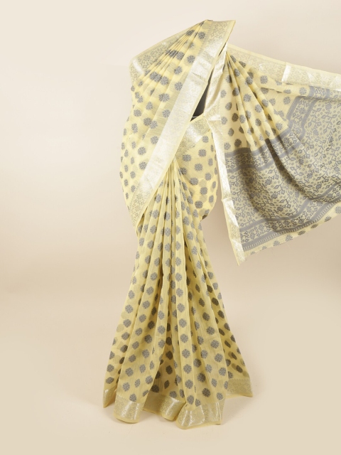 Pothys Yellow & Silver-Toned Floral Chanderi Cotton Saree