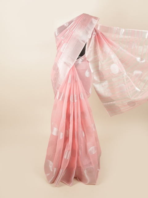 Pothys Pink & Silver-Toned Ethnic Motifs Chanderi Cotton Zari Saree
