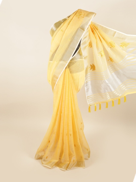 Pothys Yellow & Silver-Toned Floral Embroidered Saree