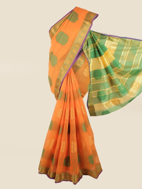 Pothys Orange & Green Ethnic Motifs Chanderi Cotton Saree