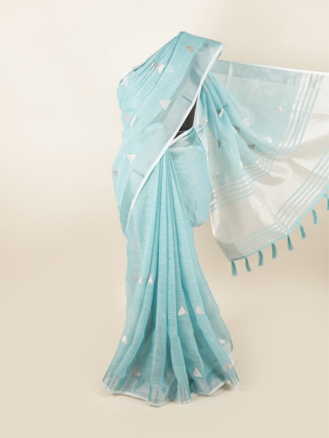 Pothys Blue & Silver-Toned Woven Design Linen Blend Saree