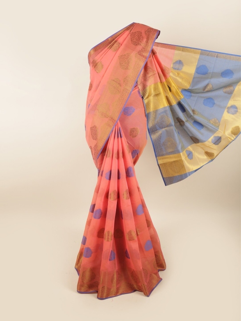 Pothys Peach-Coloured & Blue Woven Design Chanderi Saree