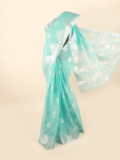 Pothys Blue & Silver-Toned Woven Design Chanderi Saree