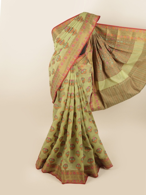 Pothys Green & Orange Ethnic Motifs Chanderi Saree