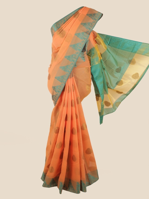 Pothys Orange & Blue Ethnic Motifs Chanderi Saree
