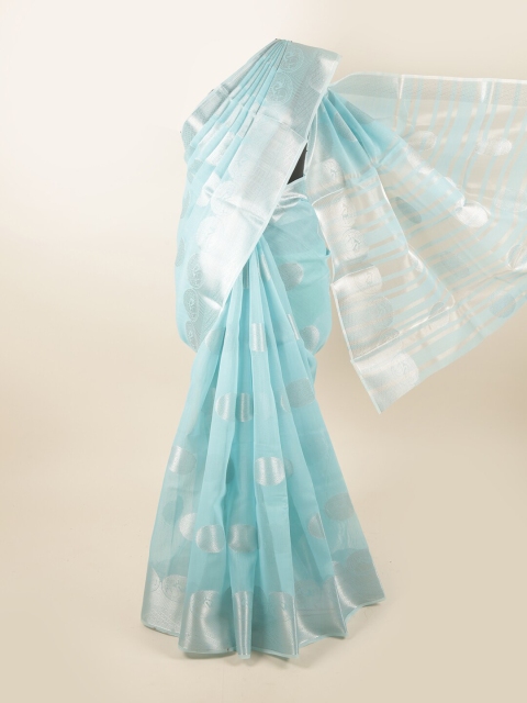 Pothys Turquoise Blue & Silver-Toned Ethnic Motifs Chanderi Saree