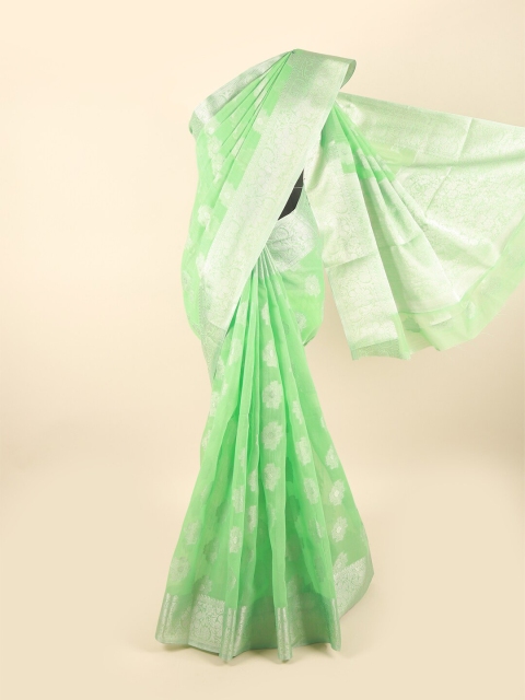 Pothys Green & Silver-Toned Ethnic Motifs Chanderi Saree