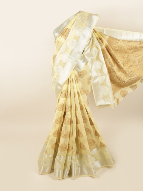 Pothys Yellow & Silver-Toned Ethnic Motifs Chanderi Saree