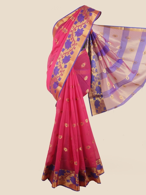 Pothys Magenta & Blue Ethnic Motifs Chanderi Saree