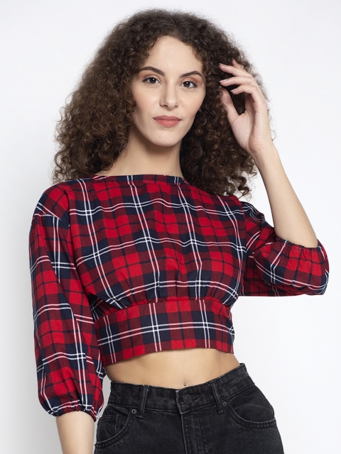 ELEVANTO Women Red Checked Regular Crop Top