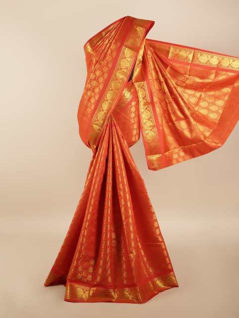 Pothys Orange & Gold-Toned Woven Design Zari Silk Blend Saree